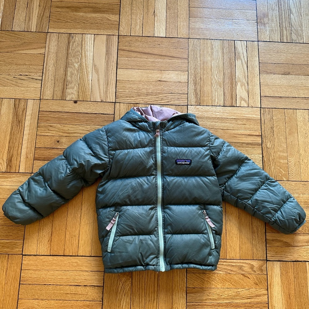 Patagonia 4T Hi-Loft Down Sweater Hoody in Light Green and Pink